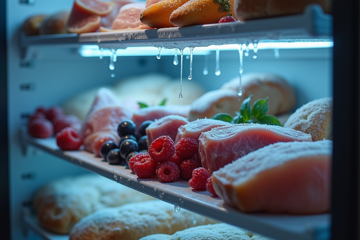 Aliments sur étagères du freezer avec dégel partiel et gouttes d
