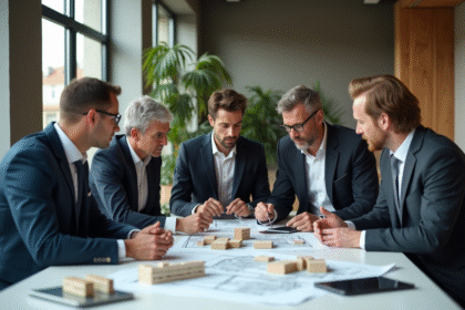 Groupe d'architectes français en réunion sur un projet durable