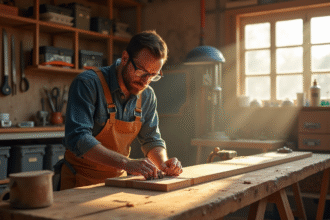 Artisan menuisier mesurant du bois dans son atelier lumineux