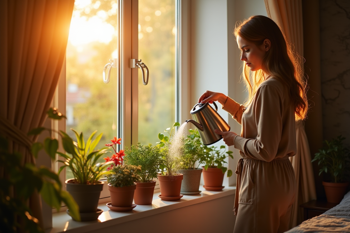 Chambre au lever du soleil avec femme arrosant plantes