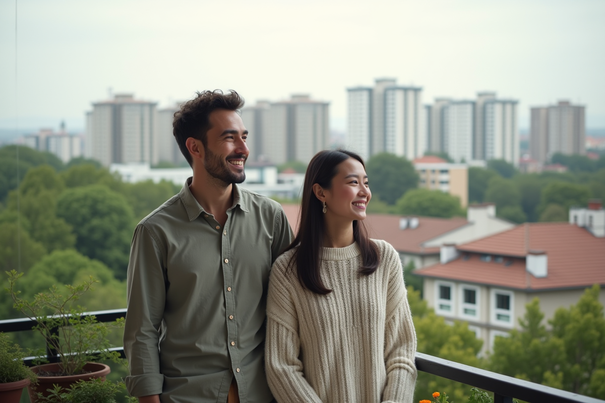 Jeune couple souriant sur un balcon urbain avec vue sur la ville