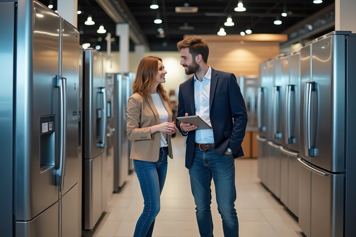 Jeune couple comparant des réfrigérateurs en magasin