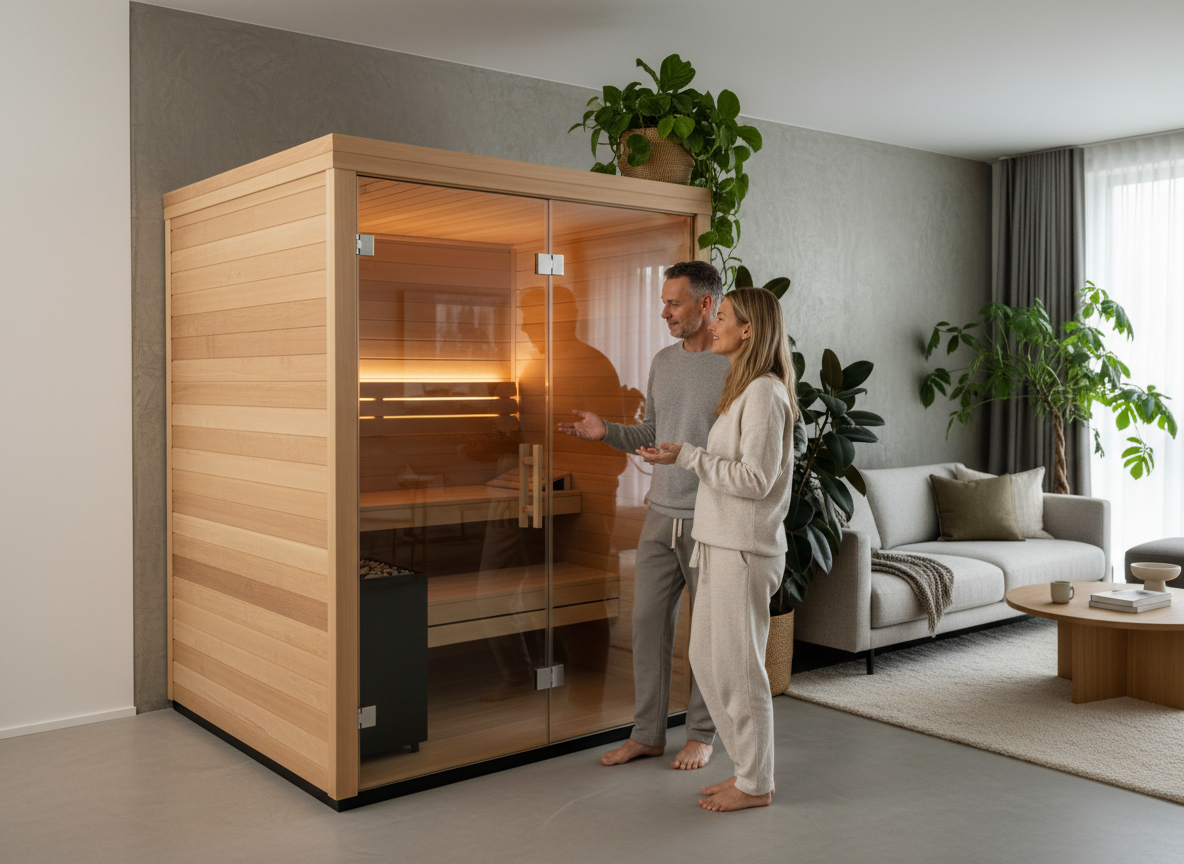 Couple dans un sauna intégré dans un appartement spacieux