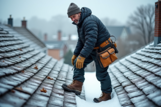 Ouvrier couvreur en hiver sur un toit enneige