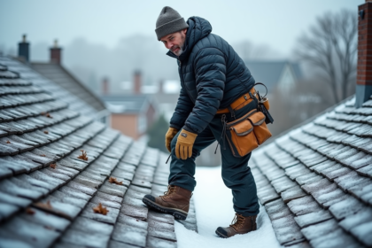 Ouvrier couvreur en hiver sur un toit enneige