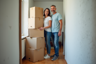 Un couple debout près de cartons dans un appartement