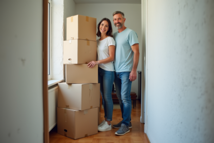 Un couple debout près de cartons dans un appartement