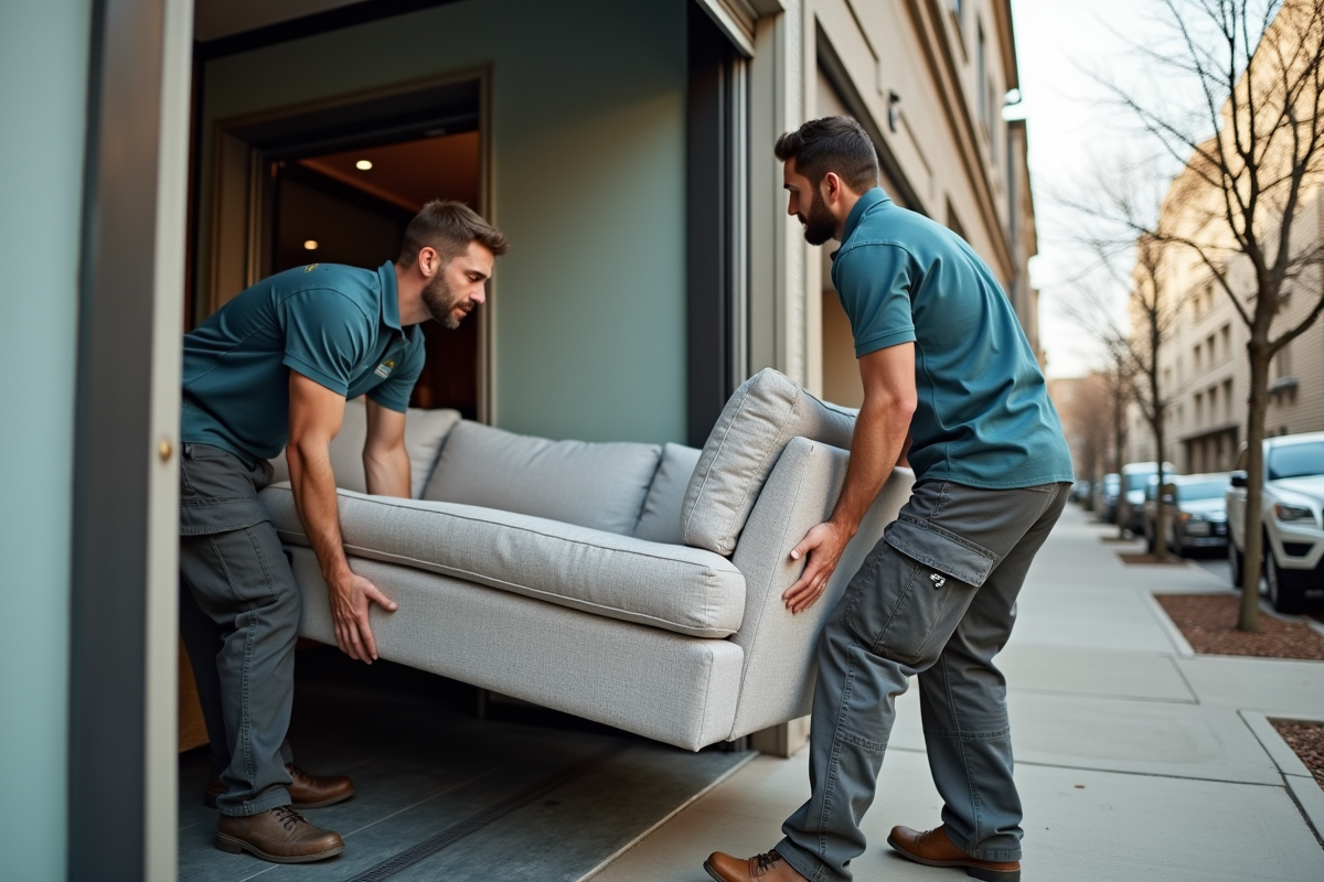 Deux hommes professionnels portant un canapé à l