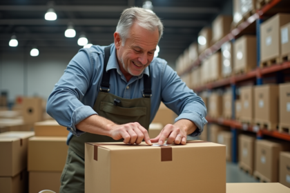 Homme d'âge moyen emballant des cartons dans un entrepôt organisé