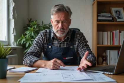 Entrepreneur en bureau de chantier examinant des factures