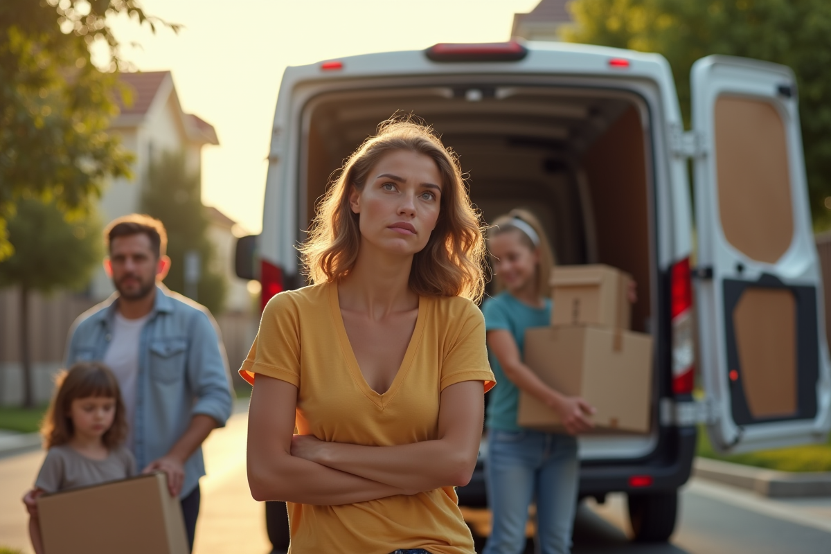 Famille déchargeant des cartons dans une rue ensoleillée avec une personne anxieuse