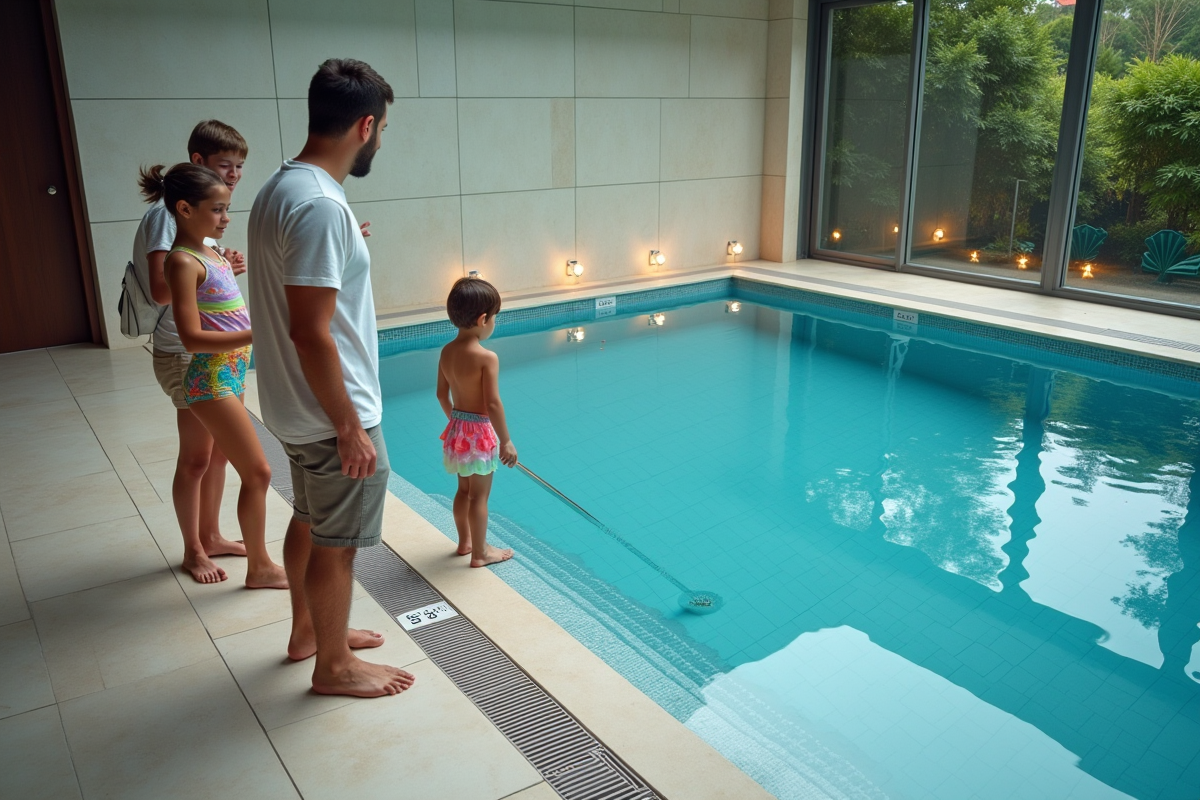 Famille observant installation de projecteurs dans piscine intérieure