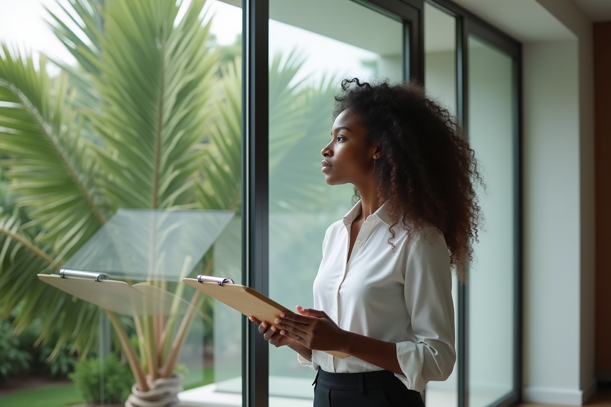 Jeune femme afro-américaine consulte un carnet dans une maison moderne en Floride