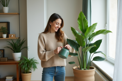Femme dans un salon moderne arrosant une plante verte