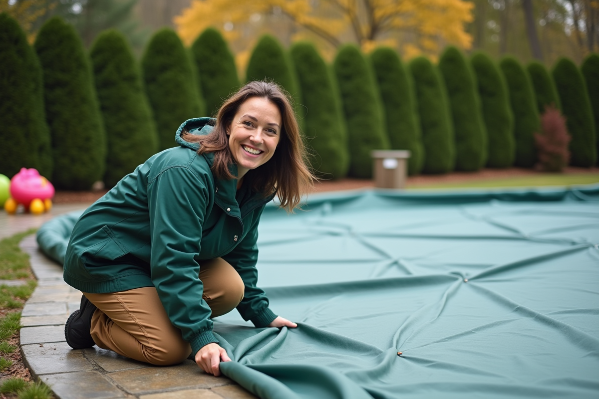 Femme souriante sécurise la bâche de la piscine