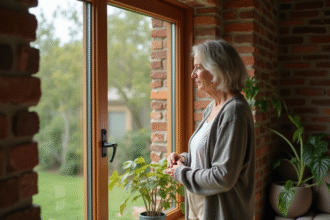 Femme dans une maison écologique moderne près d'une fenêtre