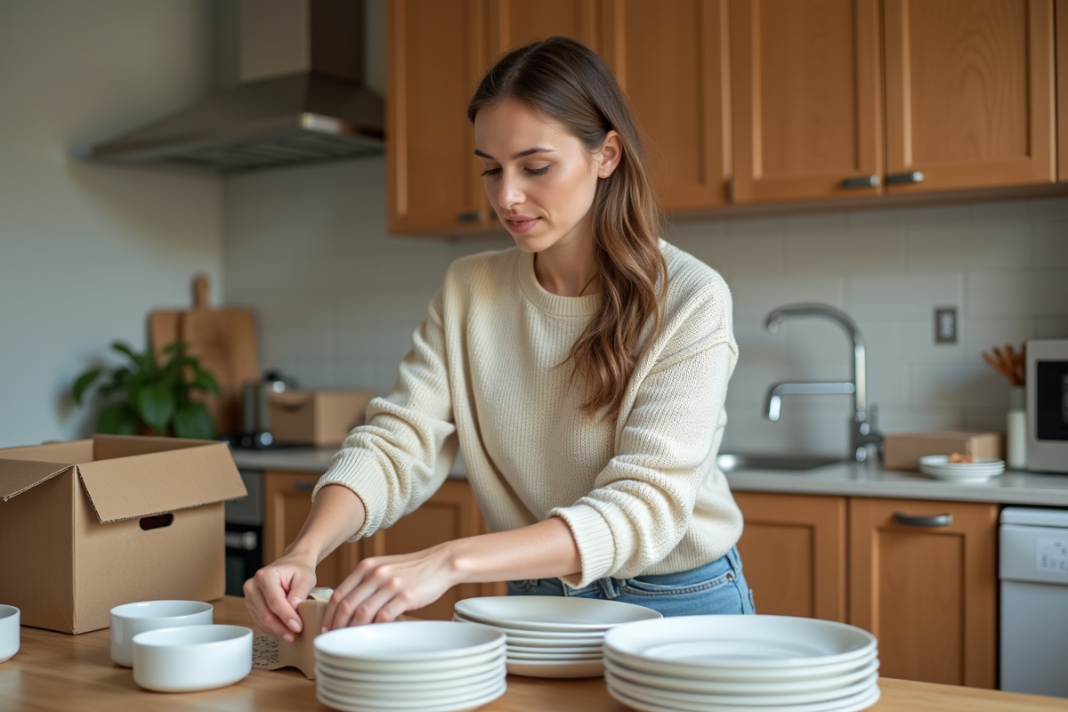 Jeune femme emballant des plats dans une cuisine chaleureuse