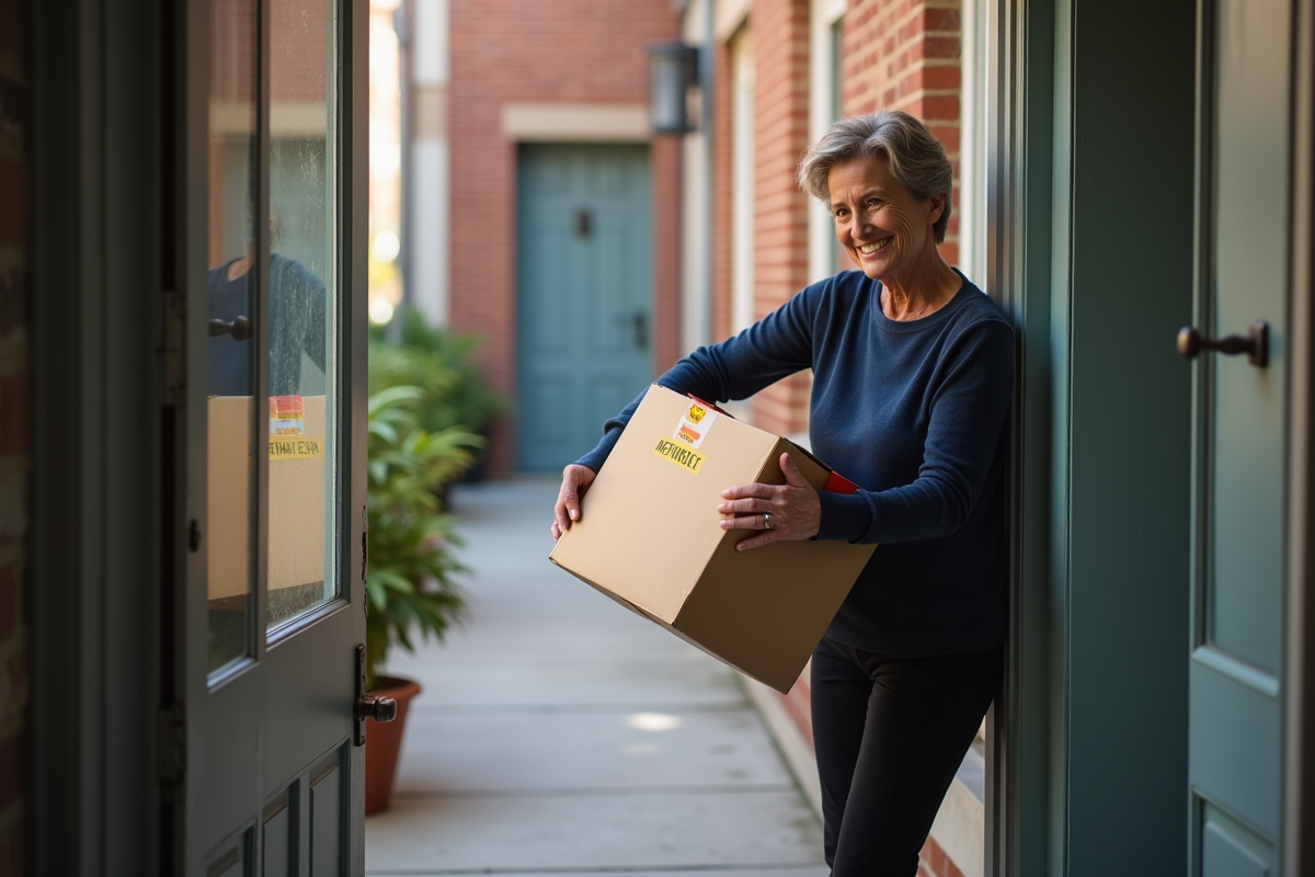 Femme tapant une boîte de déménagement près d