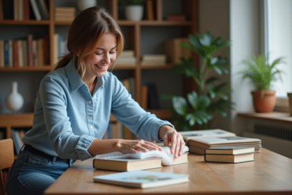 Femme emballant des livres rares dans un intérieur cosy