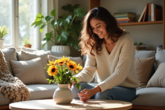 Jeune femme arrangeant des fleurs dans un salon lumineux