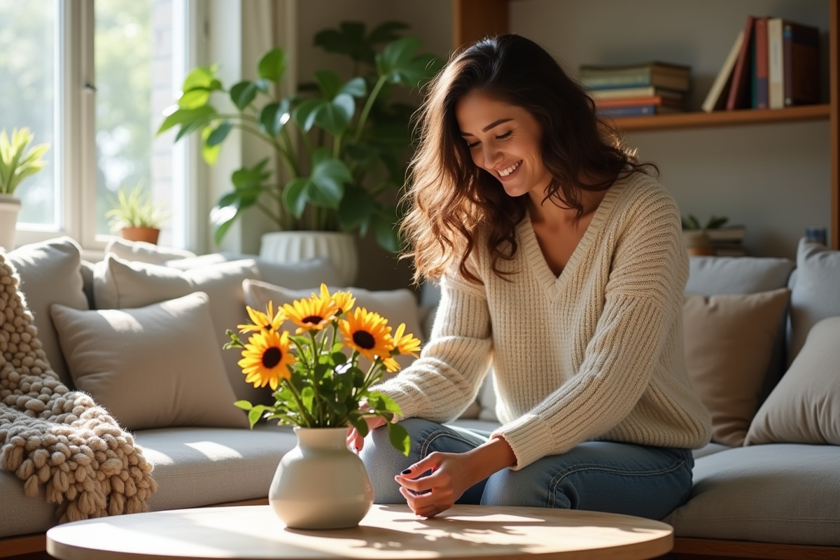 Jeune femme arrangeant des fleurs dans un salon lumineux
