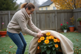 Femme en pull couvrant des gazanias en jardin automnal