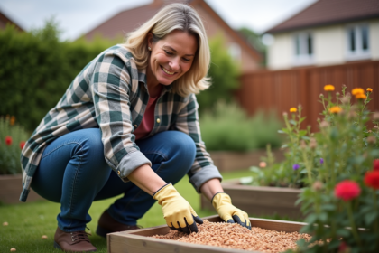 Femme en jardinage avec pellets de bois dans le jardin
