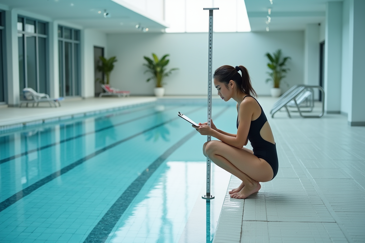 Jeune femme mesurant la profondeur de la piscine intérieure