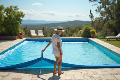 Femme d'âge moyen couvrant la piscine avec une bâche bleue