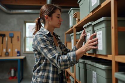 Femme organisée dans une buanderie rangant des boîtes en plastique