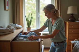 Femme organisée dans sa chambre en triant des vêtements
