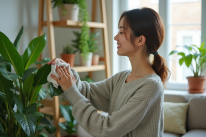 Jeune femme soignant ses plantes vertes dans un salon lumineux