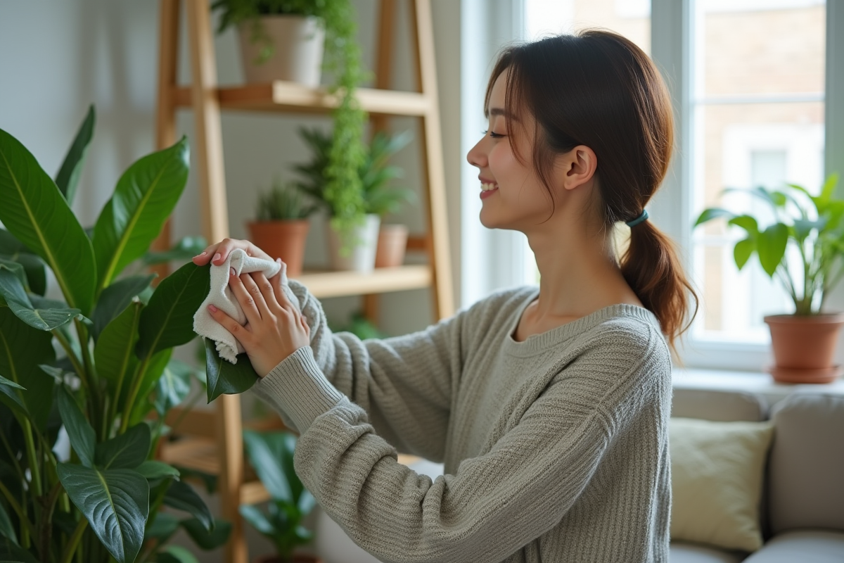 Jeune femme soignant ses plantes vertes dans un salon lumineux