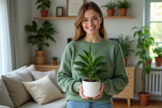 Femme souriante tenant une plante verte dans un salon chaleureux