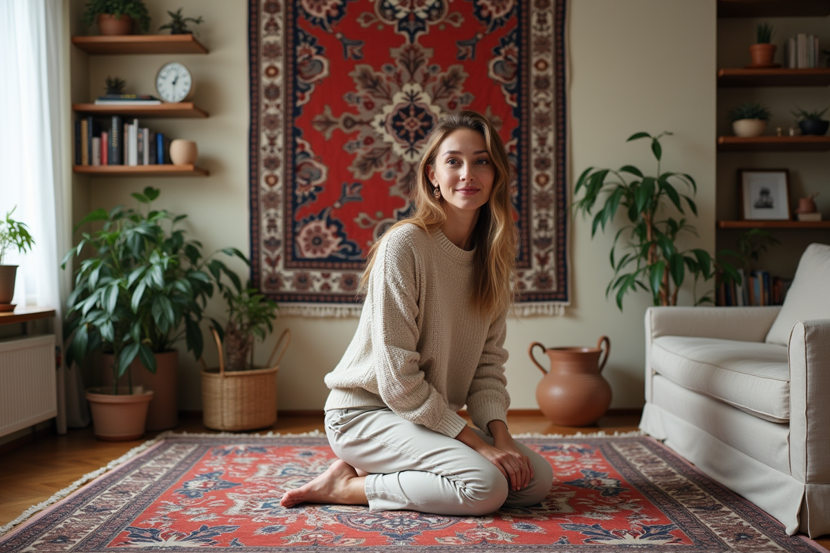 Femme arrangeant un tapis oriental dans un salon chaleureux