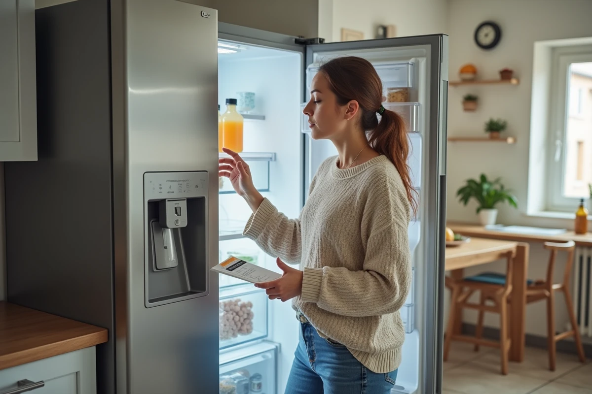 Femme examinant un réfrigérateur moderne dans la cuisine
