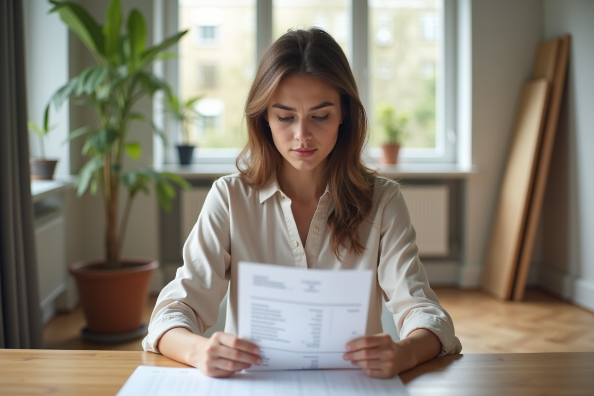 Jeune femme regardant une facture de renovation dans son appartement