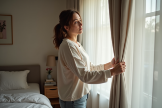 Femme ferme des rideaux occultants dans une chambre moderne