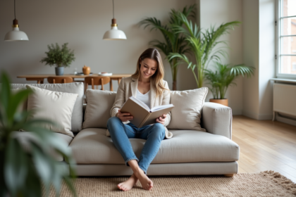 Femme assise sur un canapé moderne dans un salon lumineux
