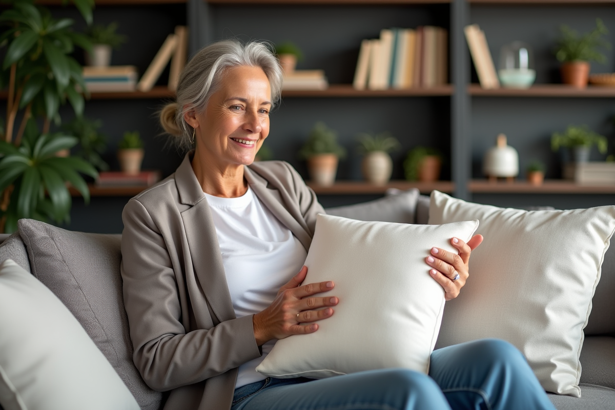 Femme souriante comparant deux coussins dans un salon chaleureux