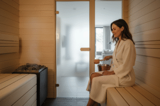 Femme dans un sauna moderne en robe en lin minimaliste