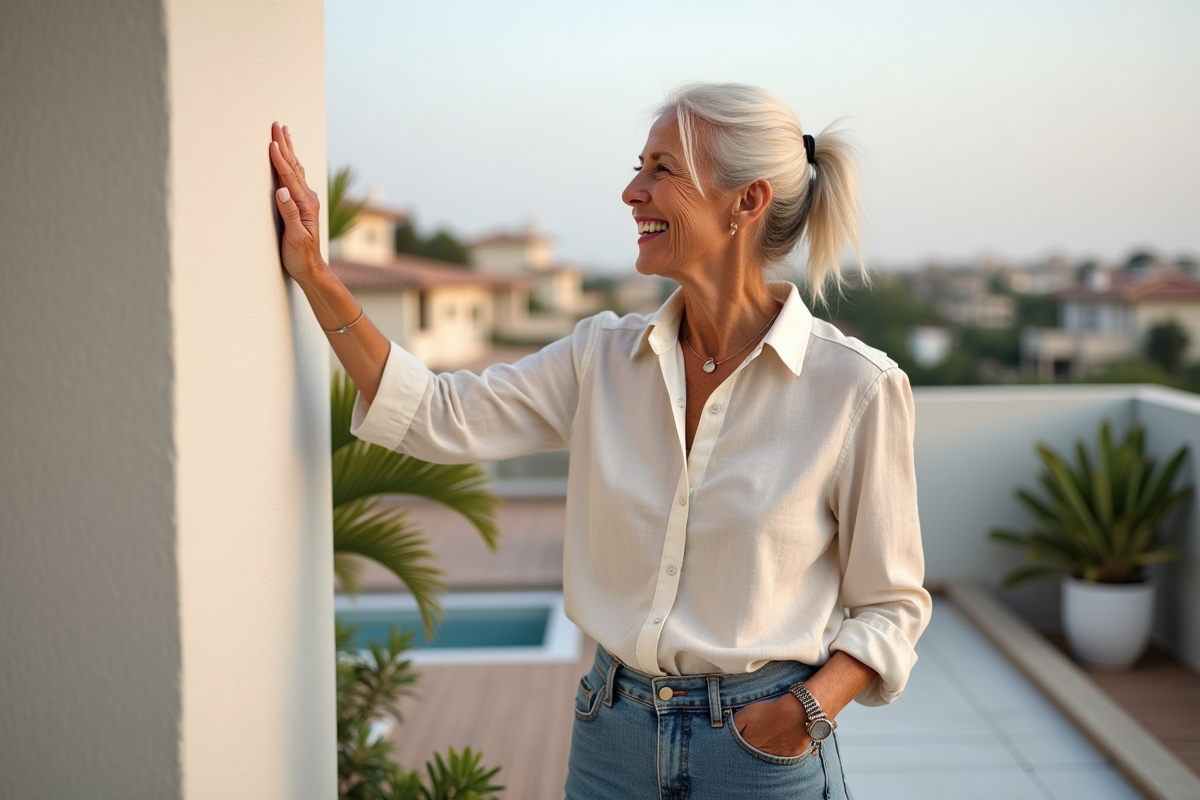 Femme souriante touchant un mur en chaux fini sur sa terrasse