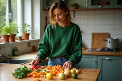 Femme triant des épluchures de légumes dans la cuisine