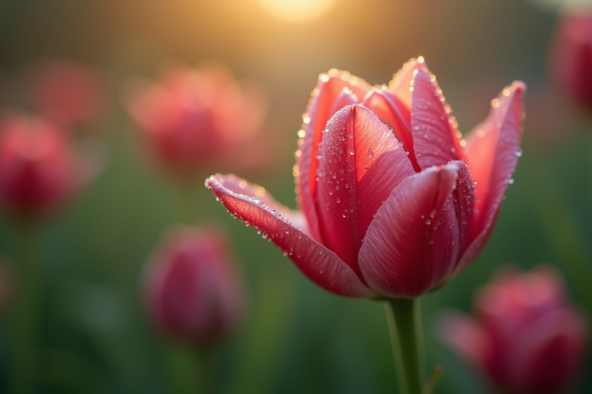 Gros plan sur une fleur en V avec gouttes de rosée