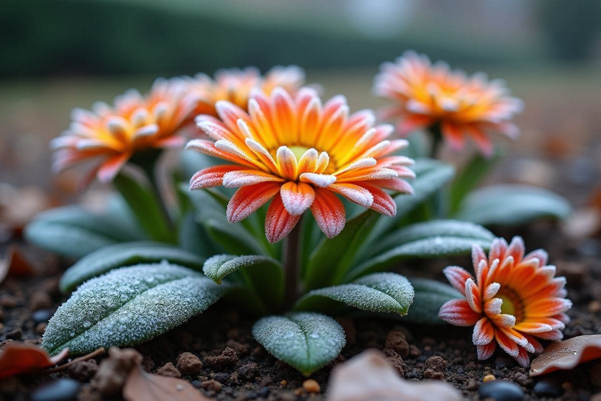 Gazanias gelées avec feuilles et glace en jardin d