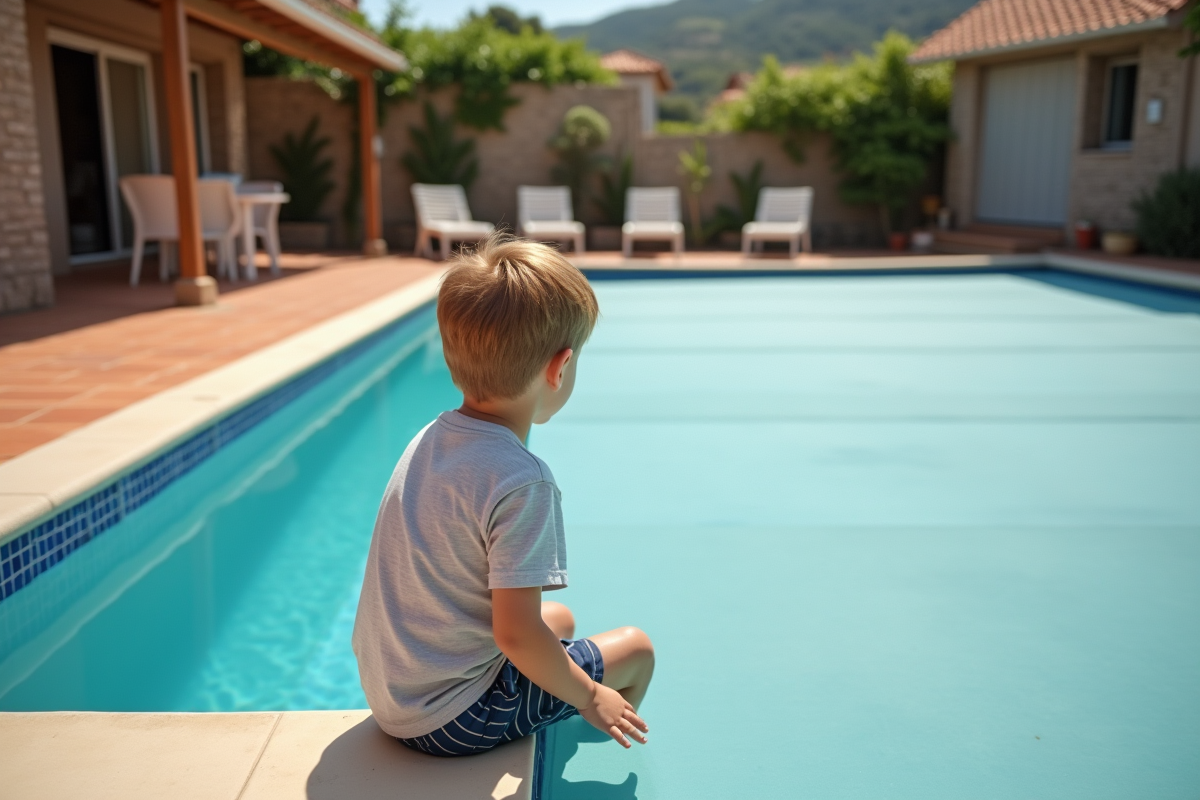 Jeune garçon regardant sous la bâche de la piscine