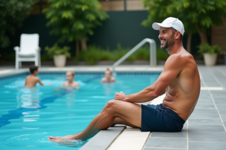 Homme souriant en maillot de bain au bord de la piscine