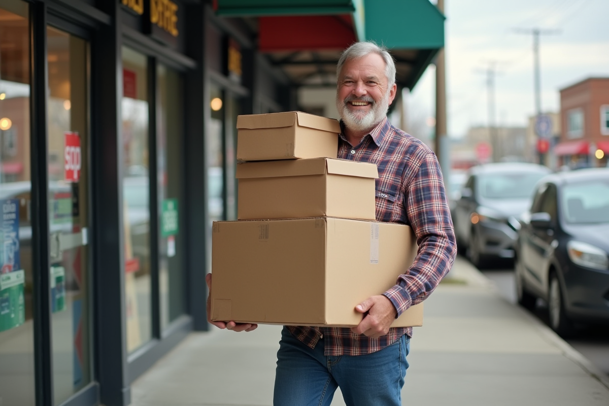 Homme portant des cartons devant un magasin de bricolage