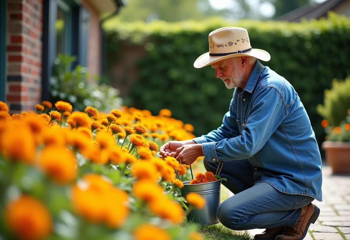Homme âgé récoltant des fleurs de gazania dans le jardin