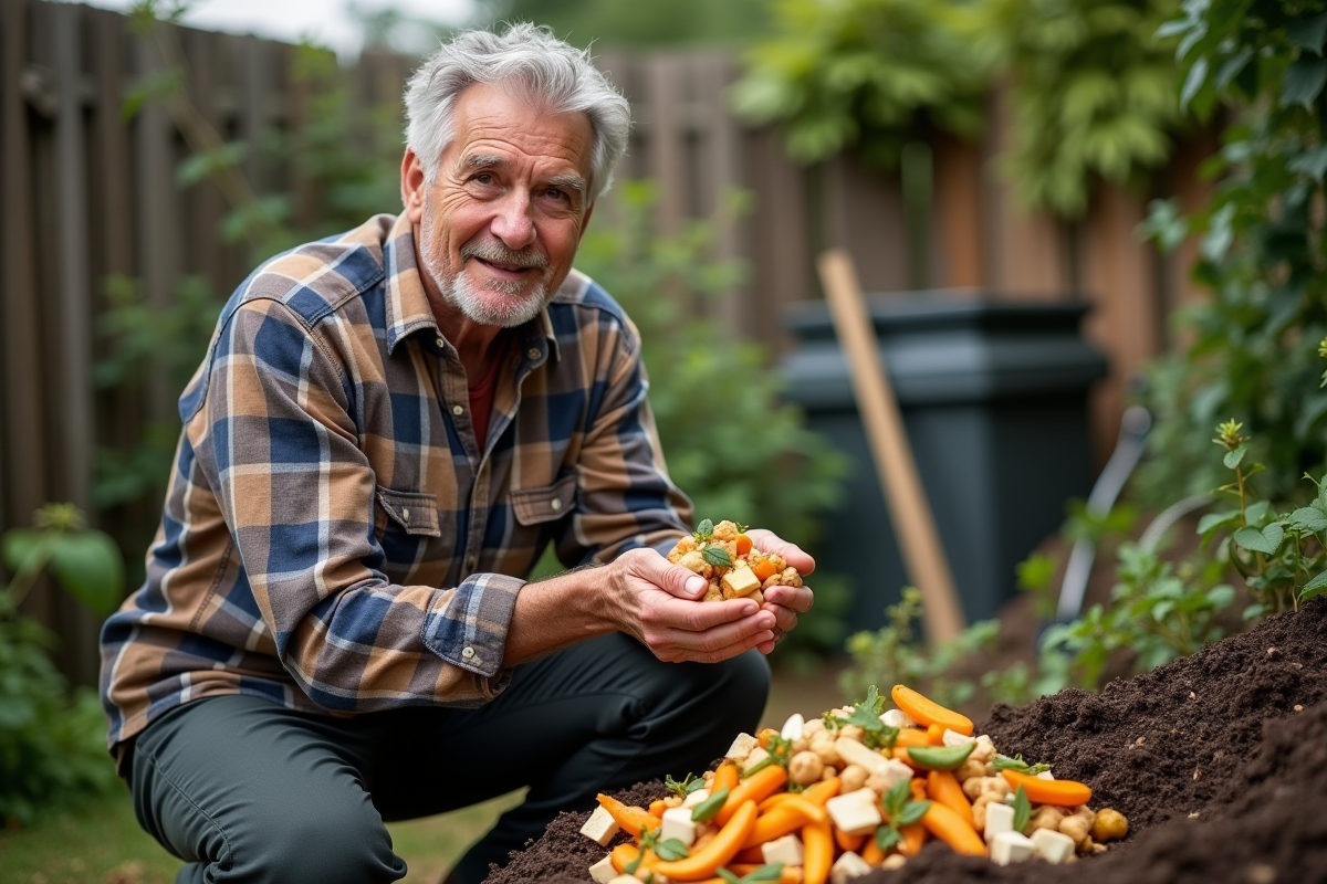 Homme âgé montrant des épluchures dans le jardin